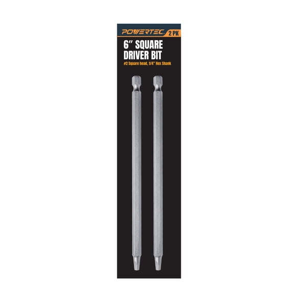 POWERTEC 2PK 6 Inch Square Driver Bit Set - #2 Square Head, 1/4" Hex Shank, for Woodworking & Construction, 72259