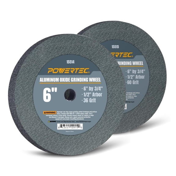 POWERTEC 2PK 6" x 3/4", 1/2" Arbor, Aluminum Oxide Bench Grinder Wheel, Bench and Pedestal Grinding Wheels, 36 & 60 Assorted Grits (15533)