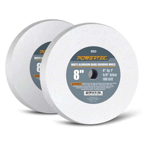 POWERTEC 2PK 8 Inch x 1 Inch Bench and Pedestal Grinding Wheels, 5/8 Arbor, 100 Grit, White Aluminum Oxide Bench Grinder Wheel for Grinding and Sharpening Cutting Tools (15513-P2)