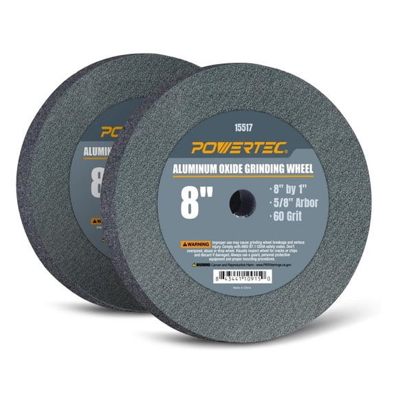 POWERTEC 2PK Bench and Pedestal Grinding Wheels, 8 Inch x 1 Inch, 5/8 Arbor, 60 Grit, Aluminum Oxide Bench Grinder Wheel for Bench Grinder (15517-P2)