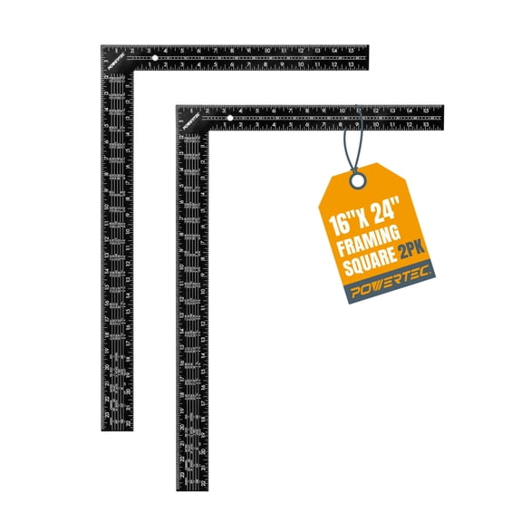 POWERTEC 2PK Framing Square 16 x 24 Inch Carpenter Square with Imperial & Metric Graduations, Woodworking Square for Carpenter, Woodworking, Construction, Stair Gauges (80036-P2)