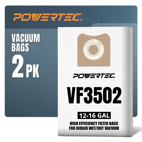 POWERTEC 2PK Ridgid VF3502 Vacuum Bags, Replacement Filter Bags for Ridgid RT1200, 1610RV 12-16 Gallon Wet/Dry Vac Dust Collection Bags (75002V)