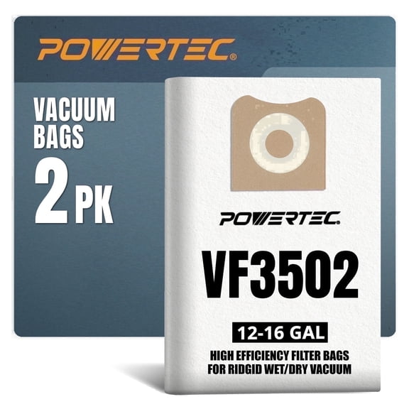 POWERTEC 2PK Ridgid VF3502 Vacuum Bags, Replacement Filter Bags for Ridgid RT1200, 1610RV 12-16 Gallon Wet/Dry Vac Dust Collection Bags (75002)