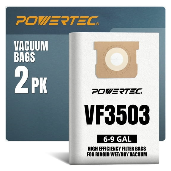 POWERTEC 2PK VF3503 Size B Shop Vac Bags for Ridgid, 6-9 Gal. 40153 Vacuum Bags for Ridgid HD9000 & Workshop WS32090F2 Wet Dry Vac, 75016