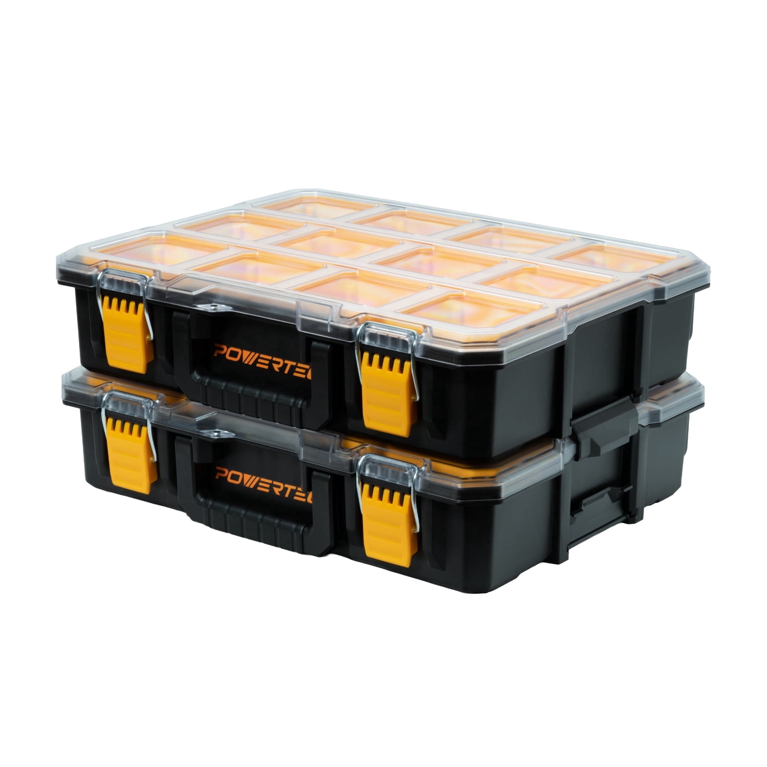 POWERTEC 2PK Small Parts Organizer & Tool Box – 10 Compartments, IP65 Water & Dust Protection, Stackable Storage with Interlocking Latch, Removable Tray, Clear Lid, Portable Design (72365-P2)