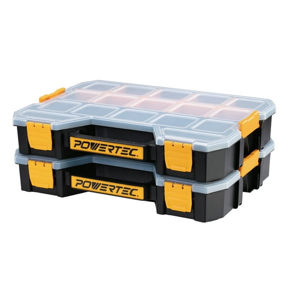 POWERTEC 2PK Stackable Tool Box Organizer with Removable Dividers - 17 Compartments, Interlocking, Portable Design (72118-P2N)
