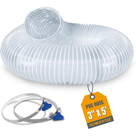 POWERTEC 3" x 5' PVC Flexible Dust Collection Hose with 2pcs Stainless Steel Key Hose Clamps for Table Saw, Planer, CNC Machine, Radial Arm Saw, Woodworking & Wood Shop Dust Collection System (70392)