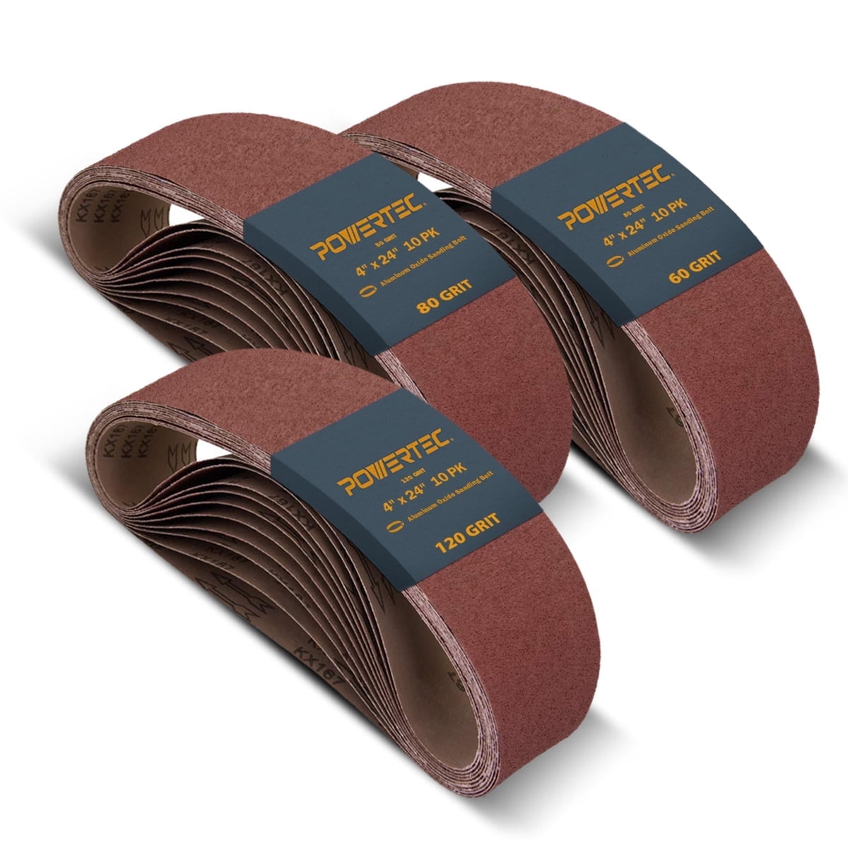 POWERTEC 30PK 4 x 24 Inch Sanding Belts, 10 Each of 60 80 120 Grits, Aluminum Oxide Belt Sander Sanding Belt Assortment, Sandpaper for Oscillating Belt and Spindle Sander (110091)