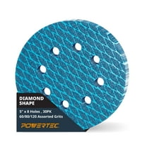 POWERTEC 30PK 5 Inch 8-Hole Hook and Loop Diamond Shaped Sanding Discs, Assorted Grits (60/80/120) for Random Orbital Sanders –J-Weight Cloth Backing for Long Life, Anti-Clog Sandpaper (44900N)