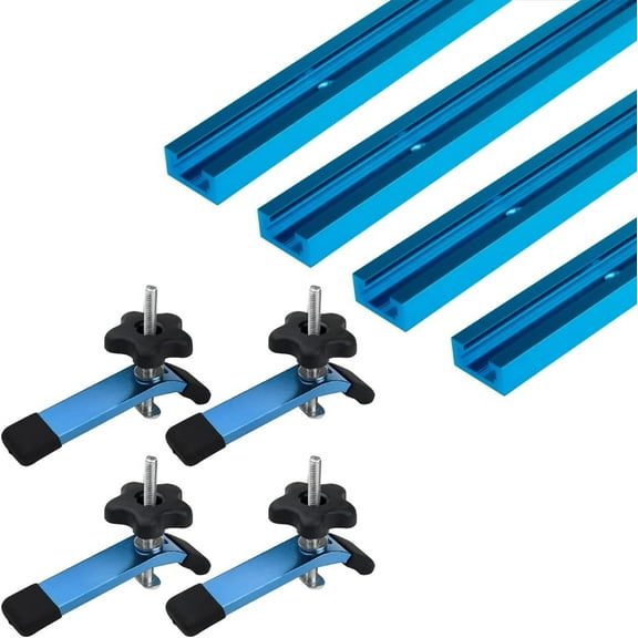POWERTEC 36 Inch x4 Universal T track with 4PCS Hold Down Clamp, Double-Cut Profile T track with Predrilled Mounting Holes & 5-1/2 L x 1-1/8 W T track Clamps (71860)