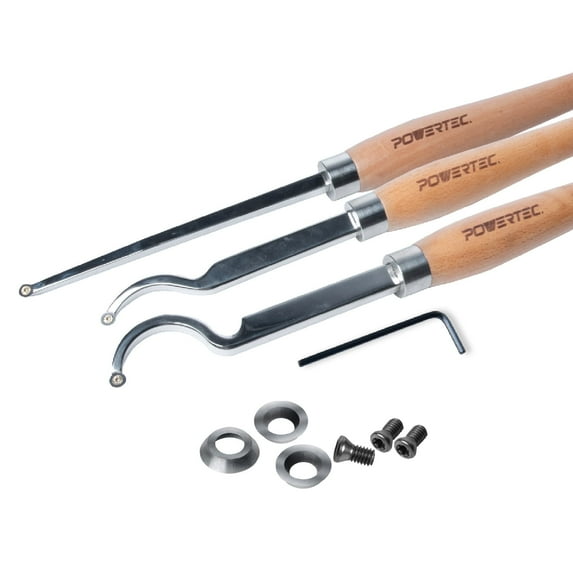 POWERTEC 3PCS Carbide Lathe Tools with 3PCS Tungsten Carbide Cutter Insert Set | Straight, Shallow Swan Neck & Deep Swan Neck for Deep Hollowing Work, Wood Lathe Tools with Replaceable Blade, 71997