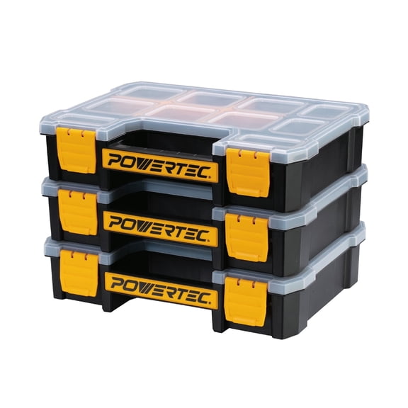 POWERTEC 3PK Small Parts Organizer & Tool Box – 10 Compartments, Stackable Storage with Removable Dividers, Clear Lid, Portable Design (72117-P3N)