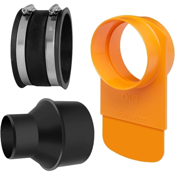 POWERTEC 70366 4" Integrated Blast Gate (Patented) with 4" Flex Cuff and 4" OD to 2-1/2" OD Cone Reducer