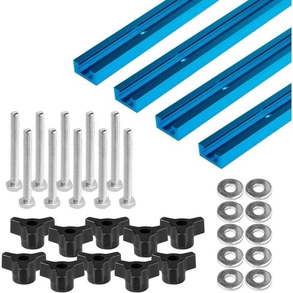 POWERTEC 4 pcs 36" Double-Cut Profile Universal T-Track w/ EZ Mount Predrilled Holes, and 10-Pack T-Track Knobs with 1/4"-20 x 1-1/2" Hex Bolts and Washers, 71862