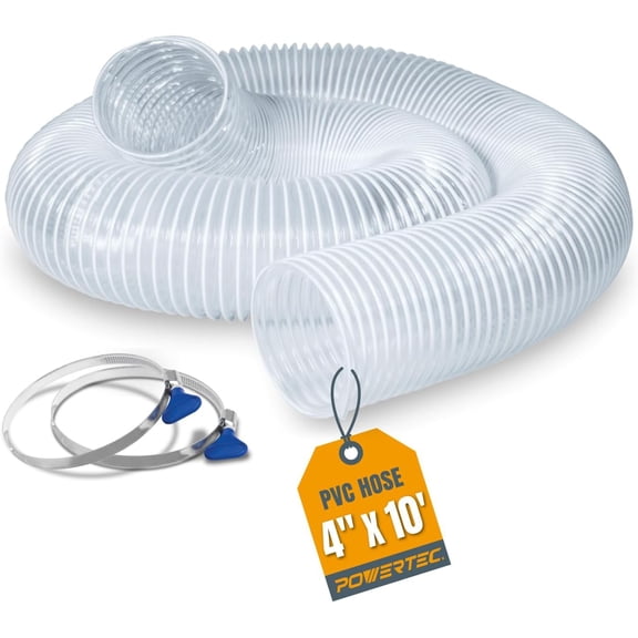 POWERTEC 4" x 10' Flexible PVC Dust Collection Hose with 2pcs Stainless Steel Key Hose Clamps for Table Saw, Band Saw, Planer, Jointer, Woodworking and Garage, WoodShop Dust Collection System (70242)