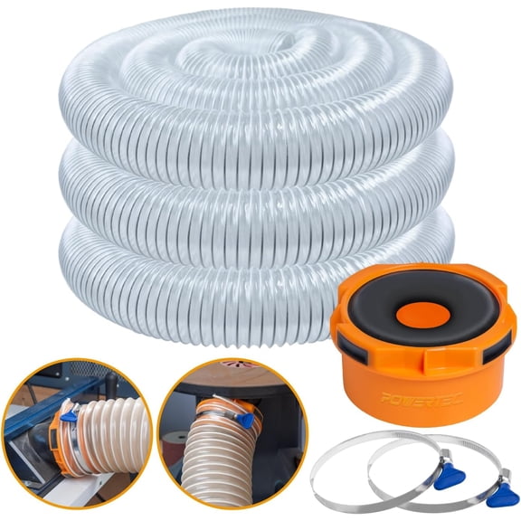 POWERTEC 4" x 20' Flexible PVC Dust Collection Hose with 2pcs Key Hose Clamps and Dust Port Adapter for Table Saw, Band Saw, Planer, Jointer, Woodworking and Woodshop Dust Collection System (70434)