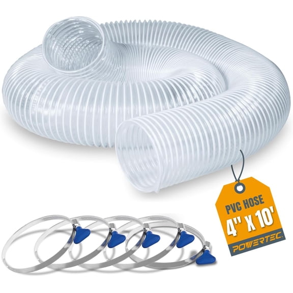 POWERTEC 4"x10' Flexible PVC Dust Collection Hose with 5pcs Stainless Steel Key Hose Clamps for Table Saw, Band Saw, Planer, Jointer, Woodworking and WoodShop Dust Collection System (70467)