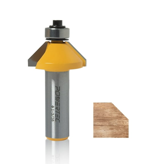 POWERTEC 45 Degree Chamfer Router Bit, 1-3/16" Cutting Diameter, 1/2" Shank, Tungsten Carbide Router Bit, 1/2" Depth & 1-7/8" Overall Length Fits CNC Router, Handheld Router & Plunge Router (73050N)