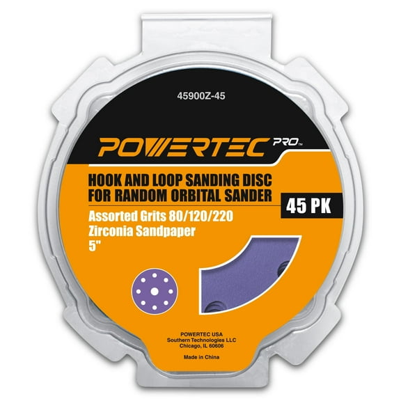 POWERTEC 45PK PRO 5 Inch 9 Holes Assorted Sanding Disc, 80/120/220 Grit, Zirconia Hook and Loop Film Backing Discs for Festool Orbital Sanders - Automotive, Paint, Metal, Woodworking, 45900Z-45