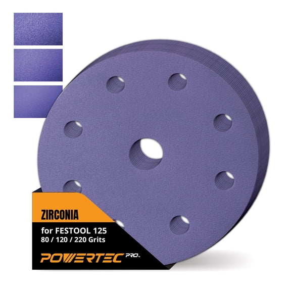 POWERTEC 45PK PRO 5 Inch 9 Holes Assorted Sanding Disc, 80/120/220 Grit, Zirconia Hook and Loop Film Backing Discs for Festool Orbital Sanders - Automotive, Paint, Metal, Woodworking, 45900Z-45