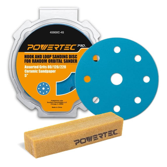 POWERTEC 45PK PRO 5 Inch 9 Holes Assorted Sanding Disc & Abrasive Cleaning Stick, 80/120/220 Grit Ceramic Hook and Loop Backing Discs for Festool Orbital Sanders-Automotive, Metal,Woodworking, 45901C