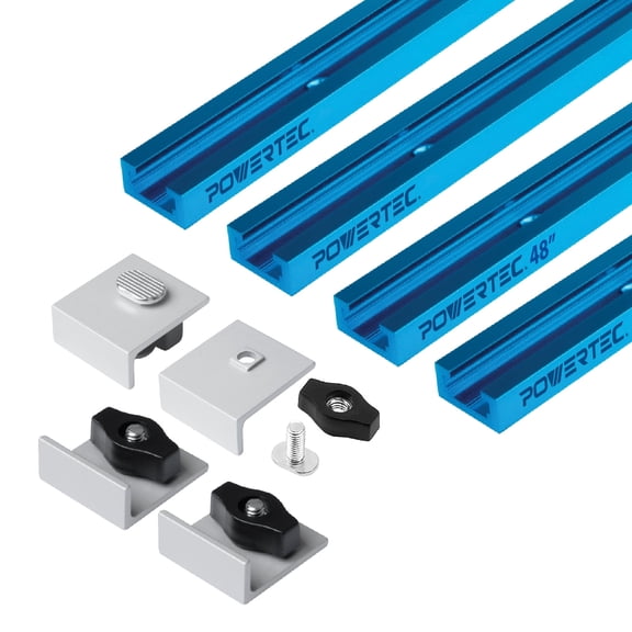 POWERTEC 48 inch Double-Cut Profile Universal T-Track w/ Bi-Directional Short Stop Kit, 4pcs T Tracks and 4pcs Stop Blocks for Woodworking Jigs and Fixtures, Sanding, and Routing (72161N)