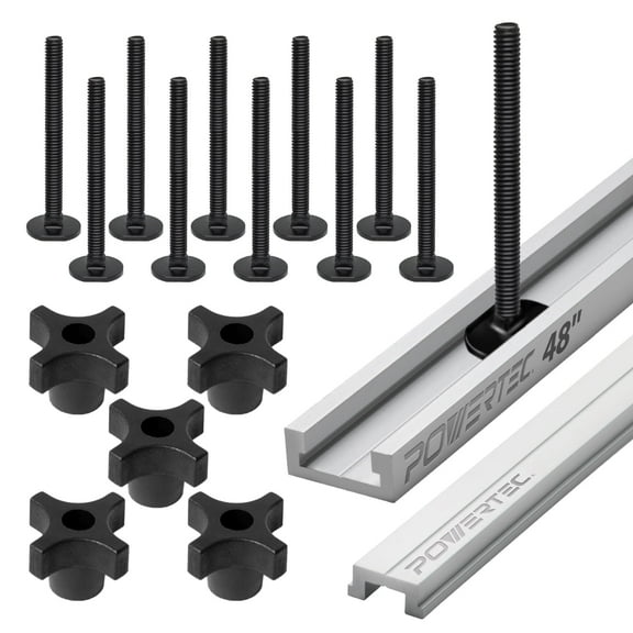 POWERTEC 48 inch Miter T-Track with Miter T-Bar, 10pc 5/16"-18 x 3" Long Miter T Slider Bolts and 5pc 5/16"-18 4 Point Knobs for Woodworking Jigs and Fixtures (72197N)