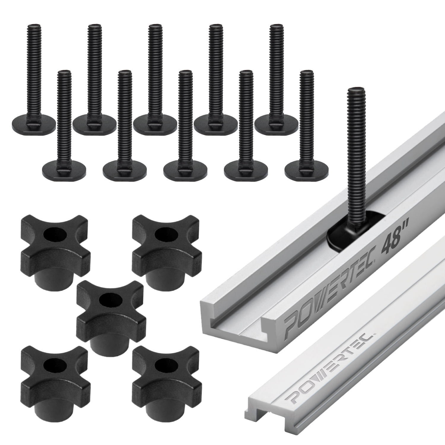 POWERTEC 48 inch Table Saw Miter T-Track Kit – Includes T-Bar, 5pcs T Knobs & 10pcs 5/16"-18, 2" Long Miter T Slot Bolts | Miter T Track Accessories for Table Saw & Router Table (72195N)