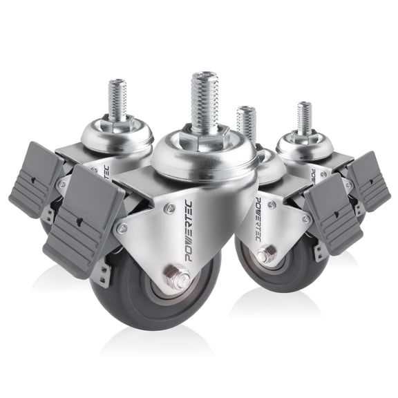 POWERTEC 4PK 2-1/2" Threaded Stem Caster Wheels with Brake & 400 lbs Loads, Heavy Duty 1/2"-13 x 1" Stem Casters, Dual Locking TPR Rubber Castor Wheels for Furniture, Cart, Dolly & Workbench, 17202