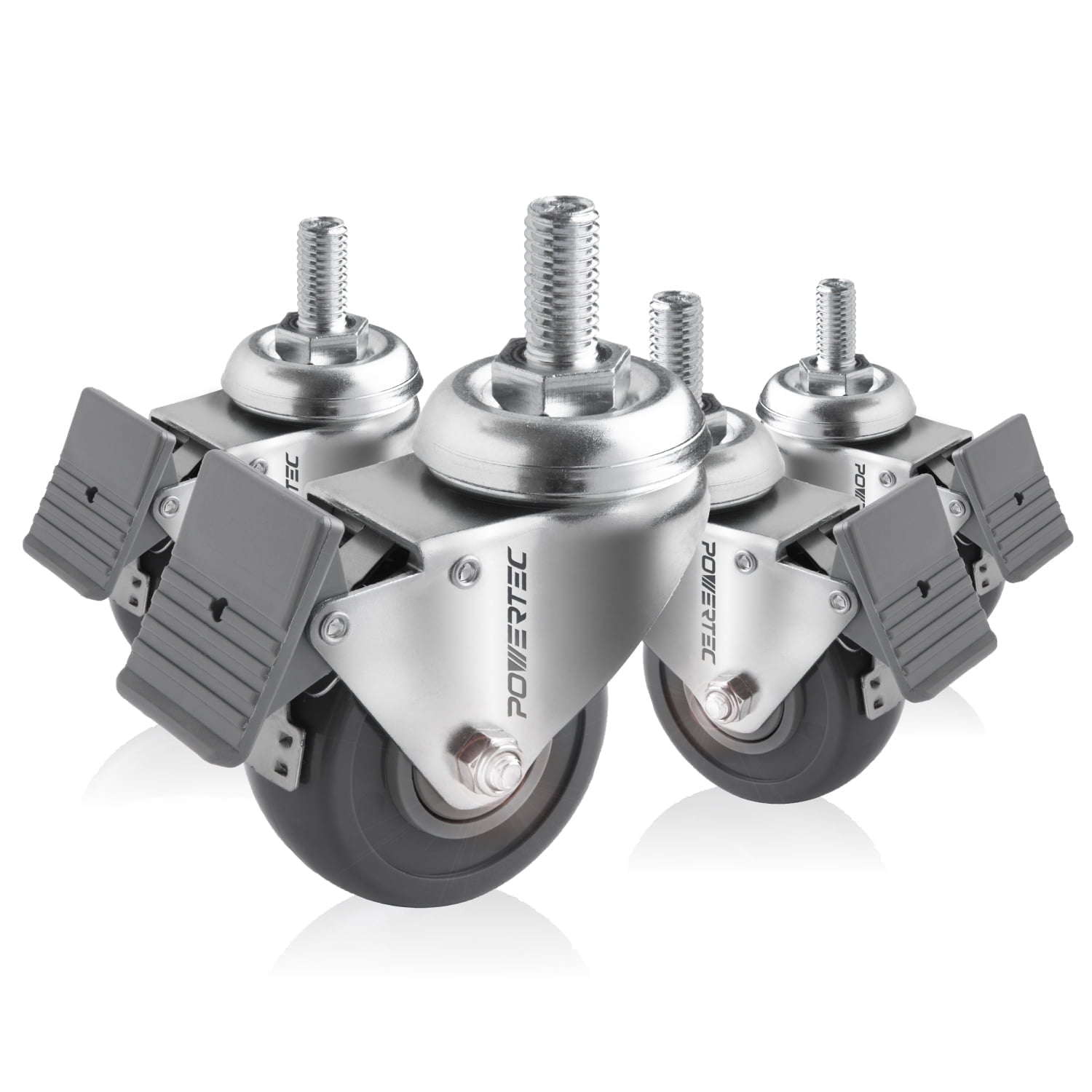 Silver Heavy Duty Swivel Stem Caster Wheels with Brake, 2-3/8 Inch