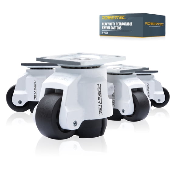 POWERTEC 4PK 2-Inch Leveling Casters Set of 4 | Heavy Duty with Adjustable Ratcheting Handles | Retractable and Swivel Castors (17300)
