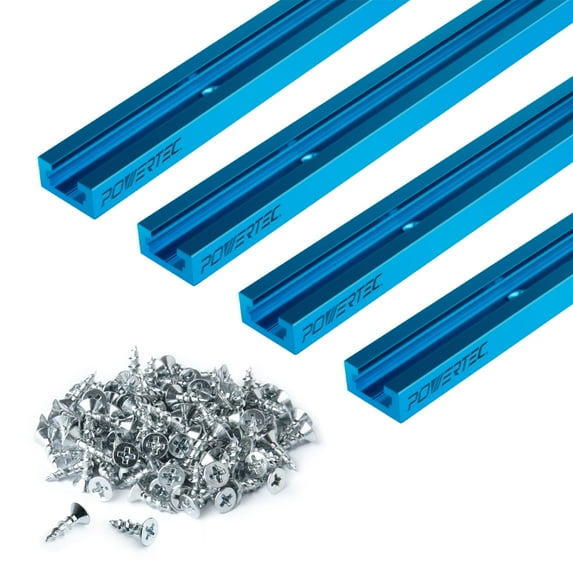 POWERTEC 4PK 24" Double-Cut Profile Universal T-Track with Predrilled Mounting Holes and 100 PCS #6 X 1/2" Wood Screw Set, Phillips Flat Head Deep Thread Screws (71949)