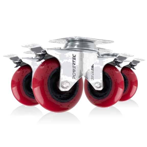 POWERTEC 4PK 3-Inch Swivel Caster Wheels with Brake & 640 lbs Loads, Heavy Duty Plate Casters, Dual Locking PU Castor Wheels for Furniture, Cart, Dolly and Workbench (17205)