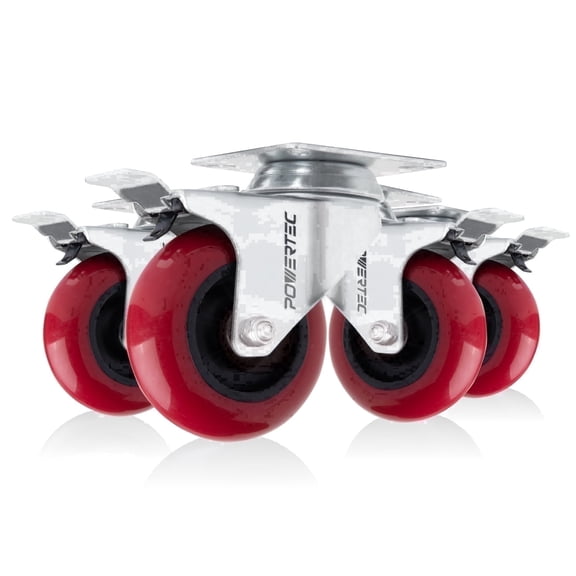 POWERTEC 4PK 3-Inch Swivel Caster Wheels with Brake & 640 lbs Loads, Heavy Duty Plate Casters, Dual Locking PU Castor Wheels for Furniture, Cart, Dolly and Workbench, 17205