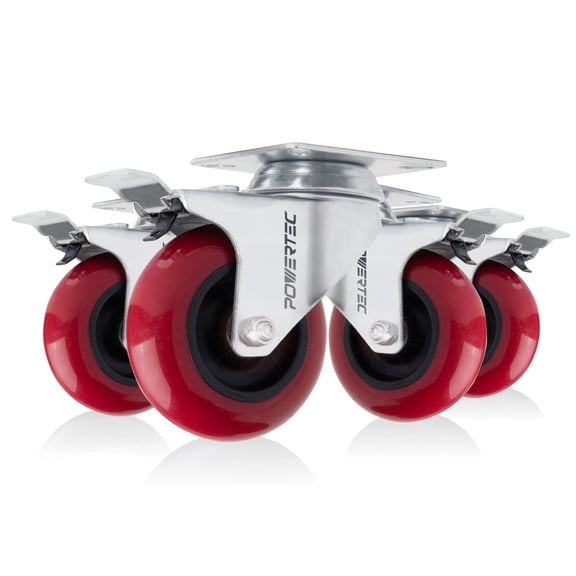 POWERTEC 4PK 3 inch Swivel Caster Wheels with Brake & 640 lbs Loads, Heavy Duty Plate Casters, Dual Locking PU Castor Wheels for Furniture, Cart, Dolly and Workbench (17205)