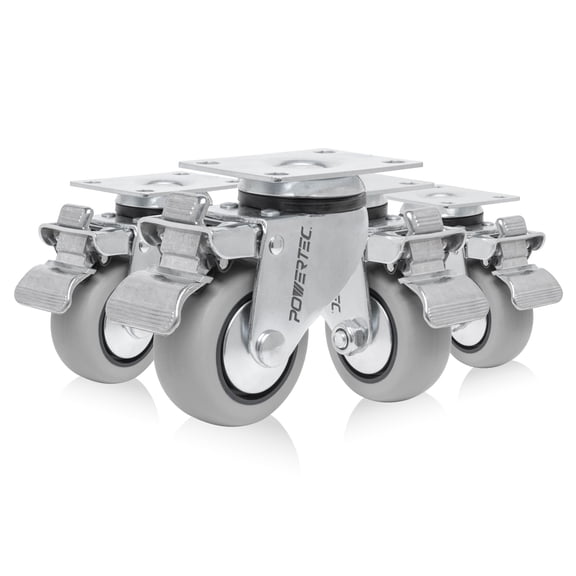 POWERTEC 4PK 3 inch Swivel Caster Wheels with Brake & 880 lbs Loads, Heavy Duty Plate Casters, Dual Locking PU Castor Wheels for Furniture, Cart, Dolly and Workbenches (17208)