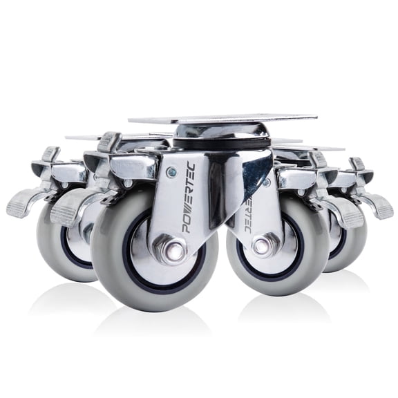 POWERTEC 4PK 3 inch Swivel Caster Wheels with Brake & 880 lbs Loads, Heavy Duty Plate Casters, Dual Locking PU Castor Wheels for Furniture, Cart, Dolly and Workbenches, 17208