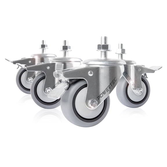 POWERTEC 4PK 3" Threaded Stem Caster Wheels with Brake & 600lbs Loads, Heavy Duty 1/2"-13 x 1-3/8" Stem Casters, Dual Locking TPR Rubber Castor Wheels for Furniture, Cart, Dolly & Workbench, 17201