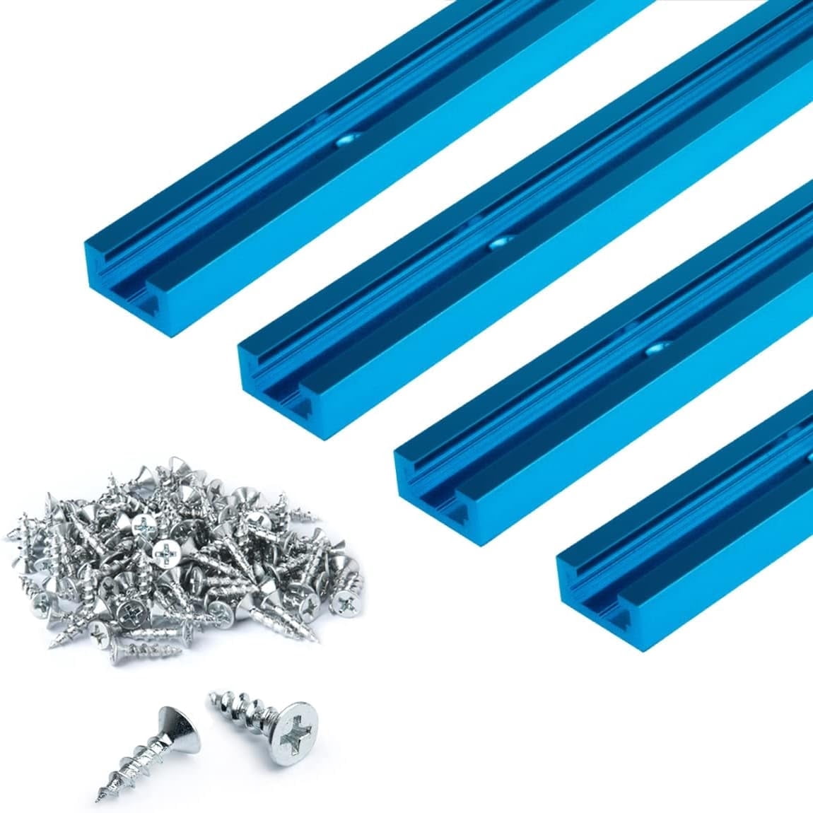 POWERTEC 4PK 36 Inch Universal T track with 100PCS Wood Screws, Double-Cut Profile T track with Predrilled Mounting Holes, 71861