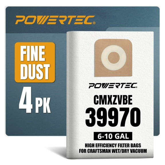 POWERTEC 4PK CMXZVBE39970 Vacuum Bags for Craftsman 39970, for Craftsman CMXEVBE 17155, 17584, 17590, 18590, 18690, 6 to 10 Gallon Replacement Dust Collection Bags, Shop Vacuum Bags, 75072-P2