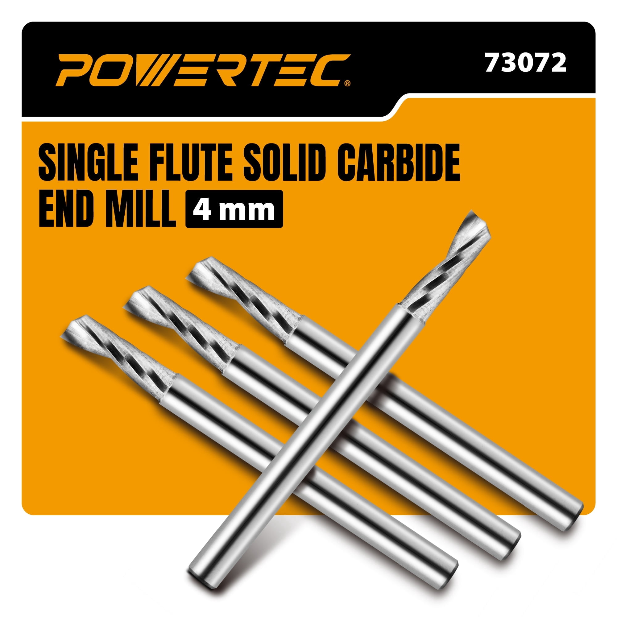 POWERTEC 4PK CNC Aluminum Cutting End Mill – 4mm Single Flute Carbide Bit, 12mm Cut Length, 4mm Shank, High Chip Evacuation Router Bit for Soft Metals, Wood & Plastics (73072)