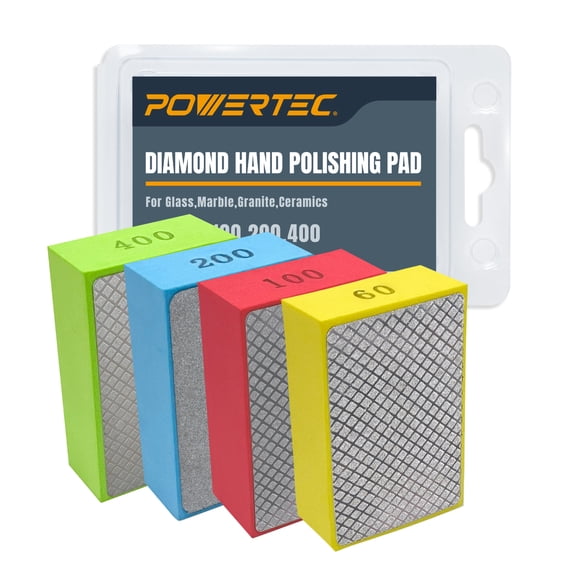 POWERTEC 4PK Diamond Hand Polishing Pads Assorted 60/100/ 200/400 Grits, Diamond Sanding Block for Polishing and Grinding Porcelain, Ceramic Tile, Glass, Granite, Stone, Wood & Metal (71907N)