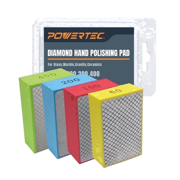 POWERTEC 4PK Diamond Hand Polishing Pads Assorted 60/100/ 200/400 Grits, Diamond Sanding Block for Polishing and Grinding Porcelain, Ceramic Tile, Glass, Granite, Stone, Wood & Metal, 71907N