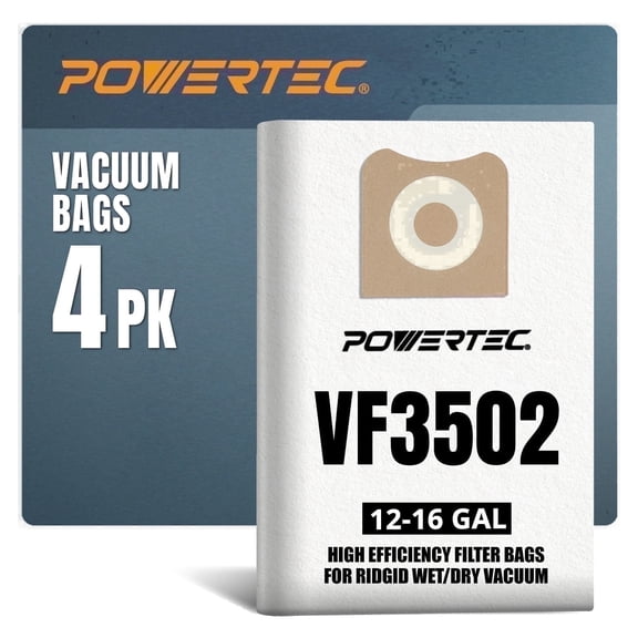 POWERTEC 4PK Ridgid VF3502 Vacuum Bags, Replacement Filter Bags for Ridgid RT1200, 1610RV 12-16 Gallon Wet/Dry Vac Dust Collection Bags, 75002P2