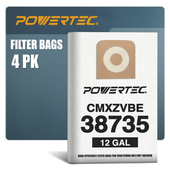 POWERTEC 4PK CMXZVBE38735 Vacuum Bags for Craftsman 38735, for Craftsman CMXEVBE 17606, 17594, 12 Gallon 9-38735 Replacement Dust Collection Bags, Shop Vacuum Bags (75070-P2)