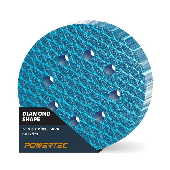 POWERTEC 50PK 5 Inch 8-Hole Hook and Loop Diamond Shaped Sanding Discs, 60 Grit for Random Orbital Sanders – J-Weight Cloth Backing for Long Life, Anti-Clog Sandpaper (44906)