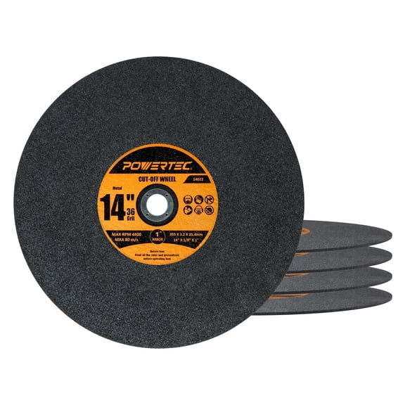 POWERTEC 5PK 14" Cut Off Wheels, 1/8" Thick with 1" Arbor, Metal & Stainless Steel Cutting Wheel for Chop Saw & Abrasive Cut Off Machine, Iridium-Coated Aluminum Oxide 36 Grit (14022N)