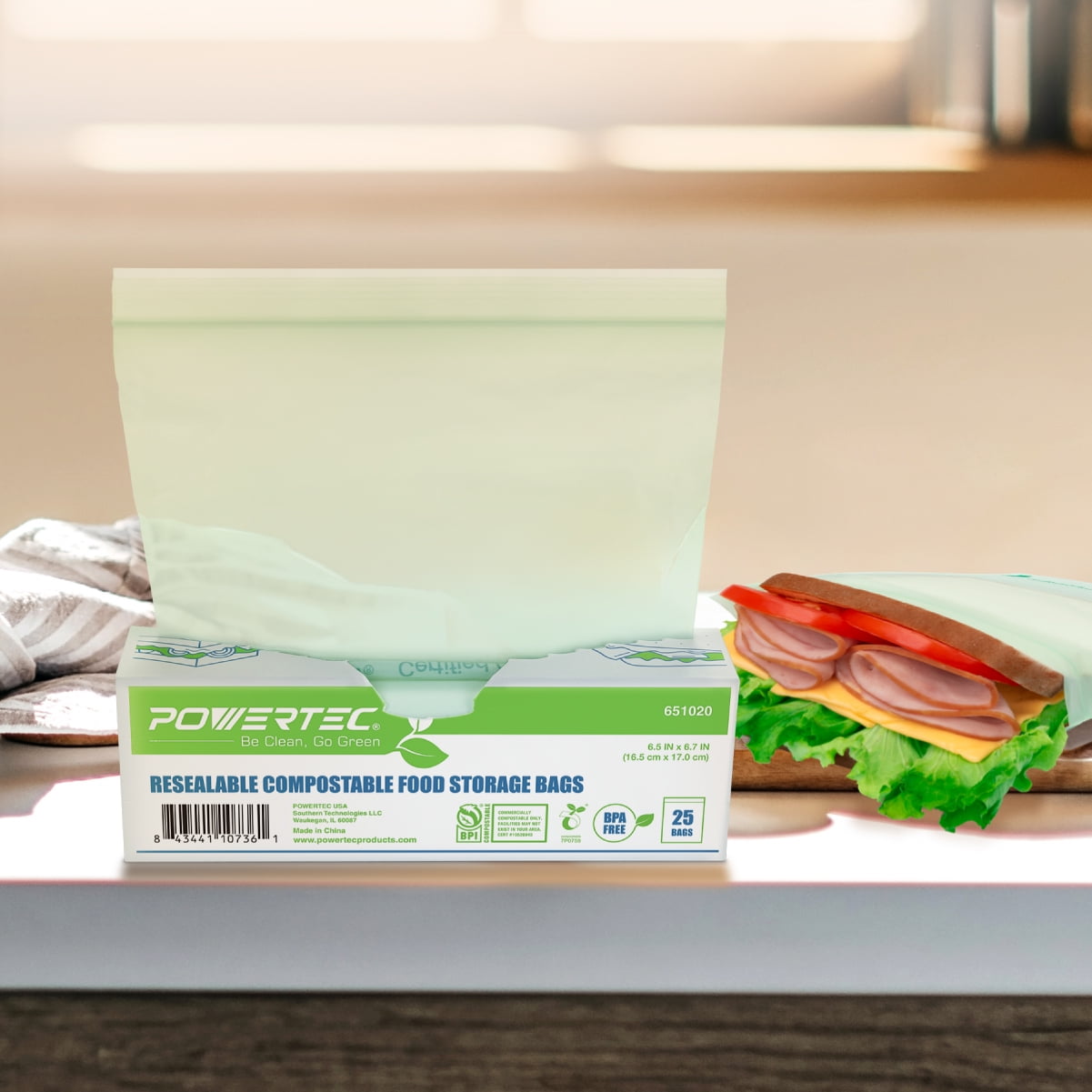 POWERTEC 50 Pack, Reusable Sandwich Zipper Bag, Durable & Resealable, Biodegradable