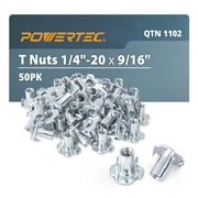 POWERTEC 50PK 1/4-20 T Nuts | 4 Pronged Tee Nuts for Bolts and Stem Caster Wheels, Threaded Inserts for Wood Working, Rock Climbing Holds and Furniture, for Use with Hammer | 9/16" Length, QTN1102