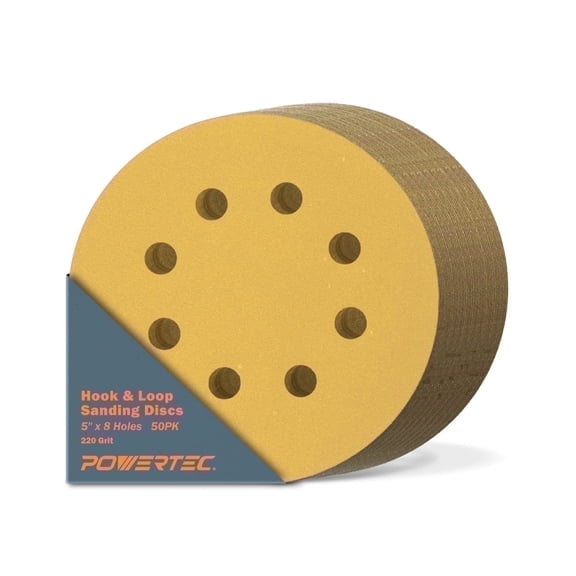POWERTEC 50PK 5 inch 8 Hole 220 Grit Hook and Loop Sanding Discs, Sandpaper for Random Orbital, Air, Pneumatic Sander, Auto Body Shop, 44022G-50